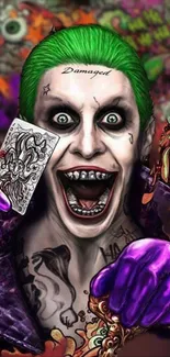 Vibrant Joker holding card with vivid colors and artistic details.