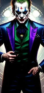 Colorful Joker character in vibrant suit with bold makeup and detailed design.