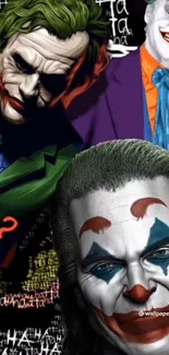 Colorful Joker art with iconic clown faces.