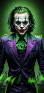 Vibrant Joker wallpaper with green and purple hues.