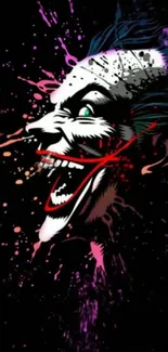 Vibrant Joker art with colorful splashes on black background.