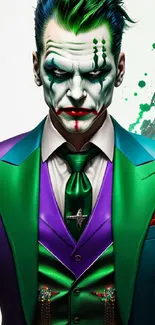 Joker in a vibrant purple and green suit with a colorful art style.