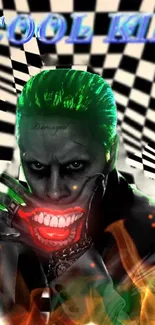 Colorful Joker with green hair against checkered background.