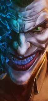 Joker with vivid colors and intense expression in a mobile wallpaper.