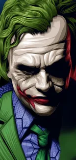 Vibrant Joker art wallpaper with green and red hues.