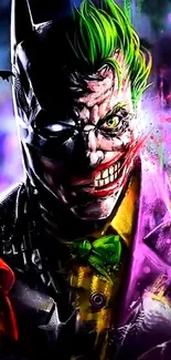 Joker and Batman fusion wallpaper with vibrant colors.