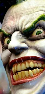 Close-up of vibrant Joker face with striking green hair.