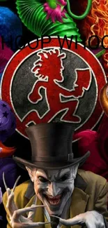 Vibrant Joker circus mobile wallpaper with colorful characters.