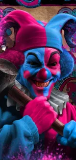 Vibrant joker clown holding a mallet with colorful background.