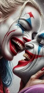 Two clowns laughing with vibrant face paint