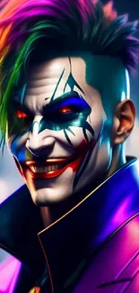 Vibrant and colorful Joker portrait mobile wallpaper with bold colors.