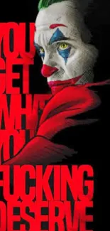 Artistic Joker wallpaper with bold red text and clown features.