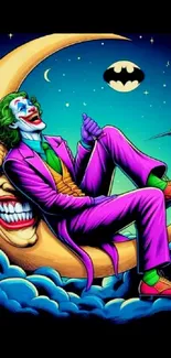 Joker in purple suit sits on a smiling crescent moon in a vibrant night sky scene.