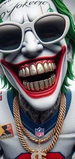 Vibrant Joker in NFL attire with gold chains and bold smile.