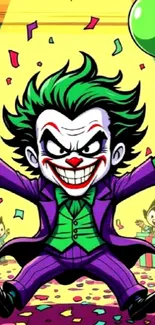 Cartoon Joker character celebrating in colorful party setting.