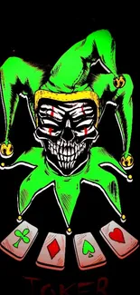 Vibrant Joker skull with neon green jester hat and playing cards on dark background.