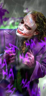 Vibrant Joker artwork with purple hues and smoky background.