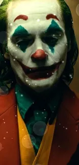 Joker themed mobile wallpaper with vibrant colors and clown makeup.