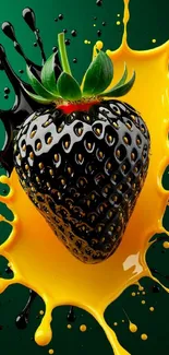 Black strawberry with vibrant yellow splash on green background.