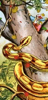 Illustration of a yellow snake coiled around a tree with people watching.