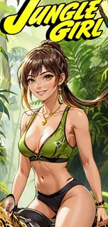 Anime jungle girl in vibrant green background.