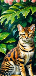 Striped jungle cat with lush green foliage and pink flowers.