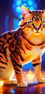 Majestic jungle cat with glowing orbs in vibrant colors.