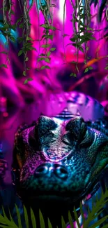 Colorful jungle crocodile in neon lighting with lush greenery.