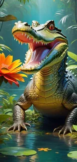 Crocodile amidst lush jungle with vibrant flowers.