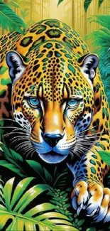 Striking leopard in lush jungle setting, colorful art.