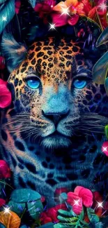 Vibrant blue-eyed leopard with jungle flowers.