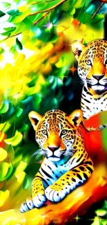 Vibrant leopard illustration in jungle setting.