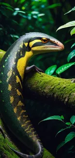 Colorful jungle lizard on a mossy branch, rich in natural greens.