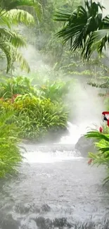 Colorful parrot in lush jungle with waterfall.