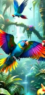 Colorful parrots flying in a lush jungle setting.