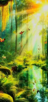 Vibrant jungle with sunlight and butterflies reflecting in a serene pond.