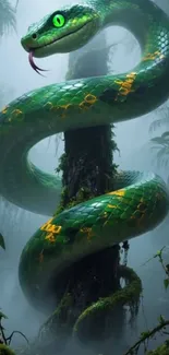 Green serpent coiled around tree in lush jungle setting.