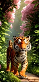 Tiger walking on path with lush green foliage and pink flowers.