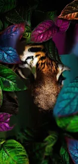 Vibrant tiger peeking through colorful jungle leaves.