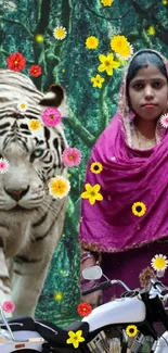 Colorful jungle scene with tiger and flowers.