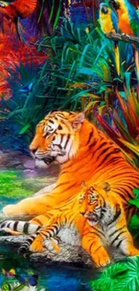 Vibrant jungle scene with tigers and birds in colorful background.