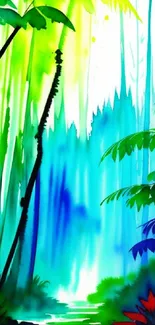 Vibrant watercolor jungle scene with lush greenery.