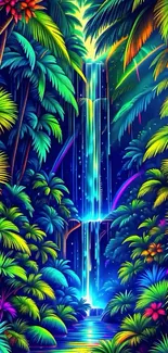 Neon-lit vibrant jungle waterfall scene with tropical plants.