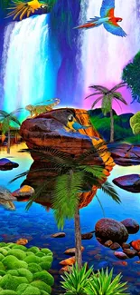 Vibrant jungle waterfall scene with colorful wildlife and lush plants.