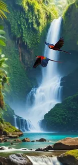 Vibrant jungle waterfall with colorful parrots.