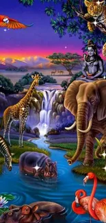 Vibrant jungle scene with wildlife and waterfall.