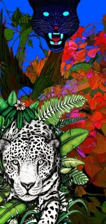 Vibrant jungle wallpaper with leopard and colorful foliage.