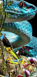 Vibrant blue snake with butterflies and a frog in a jungle setting.