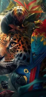 Jaguar and parrots in lush jungle setting, vibrant colors.