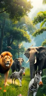 Lion, elephant, and zebras in a lush jungle scene.
